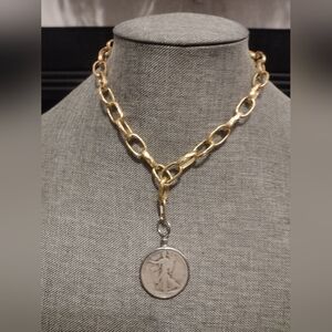 1935 Real U.S. Silver Coin in Silvertone bezel on Gold Tone chain